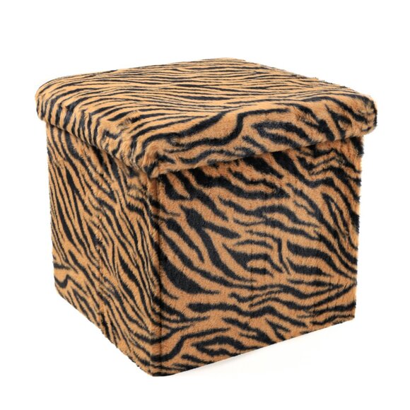 Go-Poufs Knock-Down Medium Cube Faux Fur Storage Ottoman | Tiger Tan/White - Picture 3 of 6